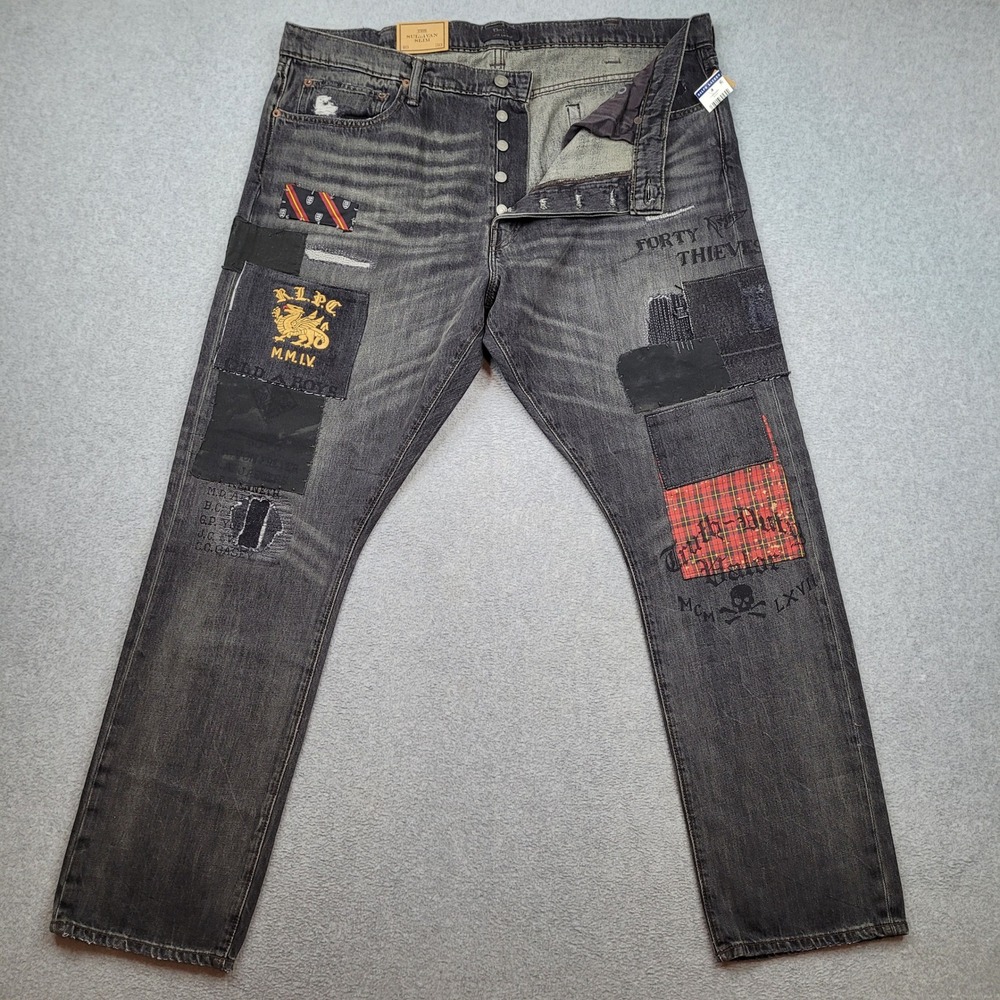 Polo Ralph Lauren Sullivan Slim Mens 40x30 Black Patchwork Distressed Jeans